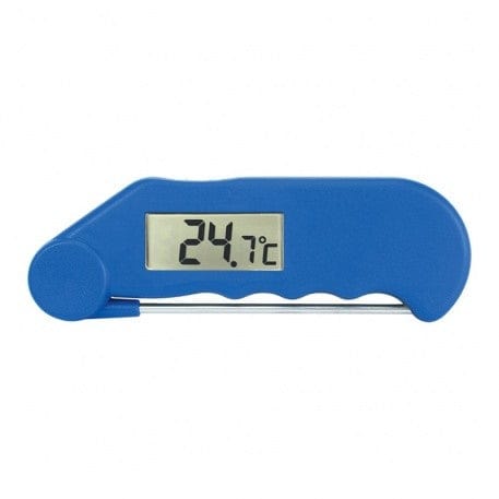 un Thermomètre Gourmet bleu - Thermomètre résistant à l'eau avec sonde pliable de Thermometre.fr sur fond blanc.