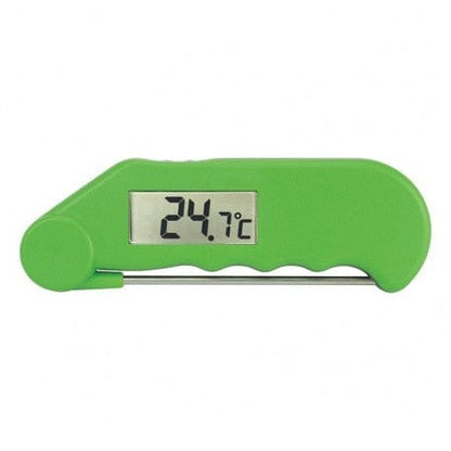 un Thermomètre Gourmet vert - Thermomètre résistant à l'eau avec sonde pliable de Thermometre.fr sur fond blanc.