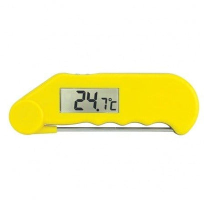 un Thermomètre Gourmet Jaune - Thermomètre résistant à l'eau avec sonde pliable jaune de Thermometre.fr sur fond blanc.
