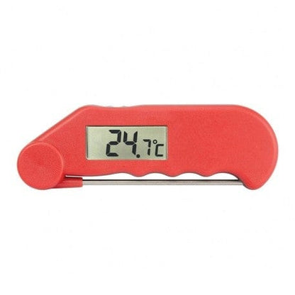 Un thermomètre numérique Rouge Thermometre.fr sur fond blanc.