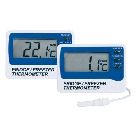 deux thermomètres pour réfrigérateur et congélateur Thermometre.fr sur fond blanc.