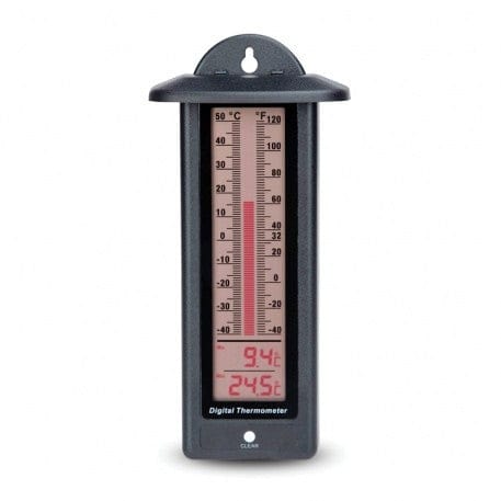 un termometro digitale Max Min Thermometer.fr nero con grafico a barre LCD su sfondo bianco.