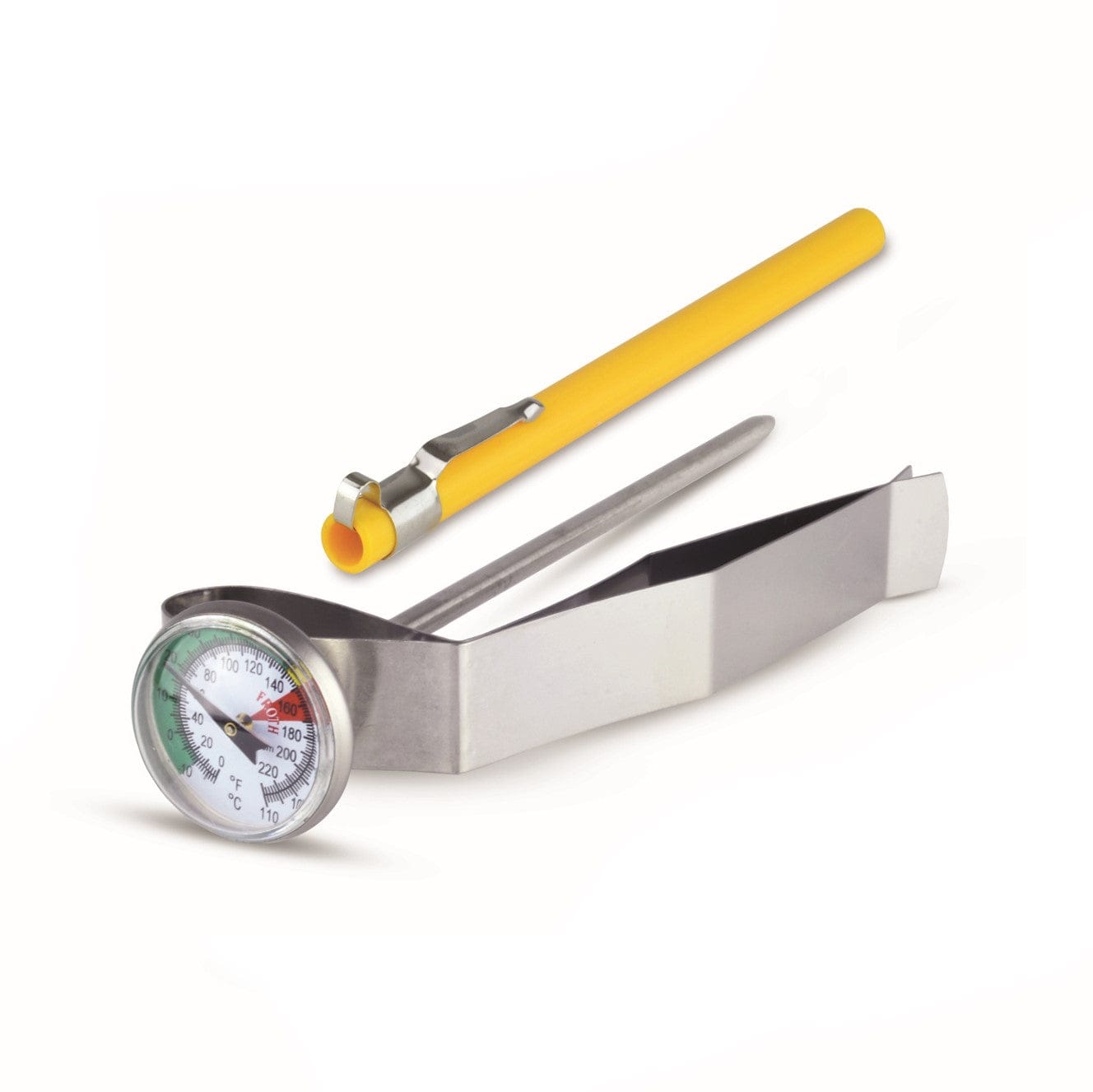Un thermomètre Thermometer.eu en acier inoxydable et un thermomètre Thermometer.eu jaune sur fond blanc.