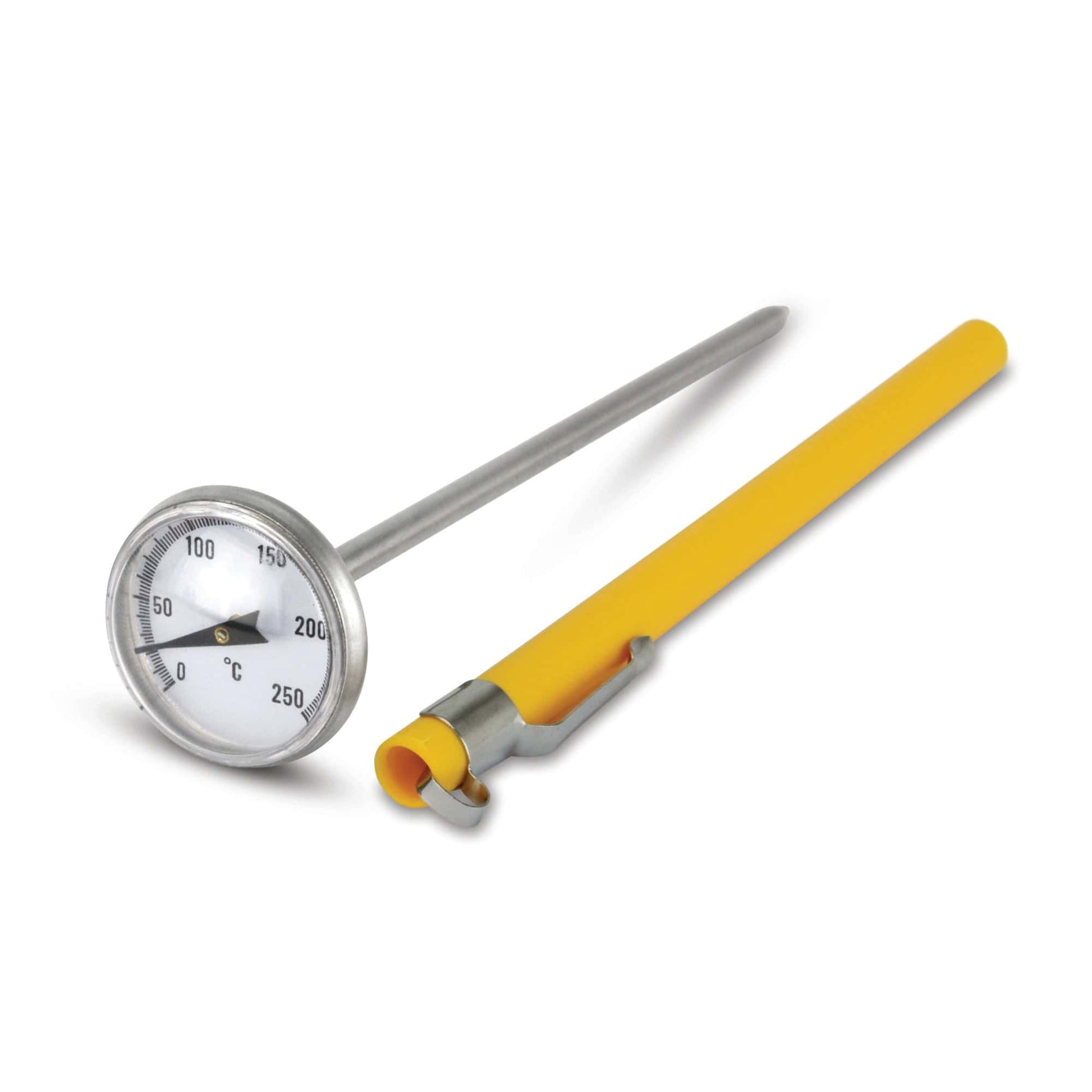 un Thermomètre à sonde à cadran jaune de Thermometer.eu sur fond blanc.