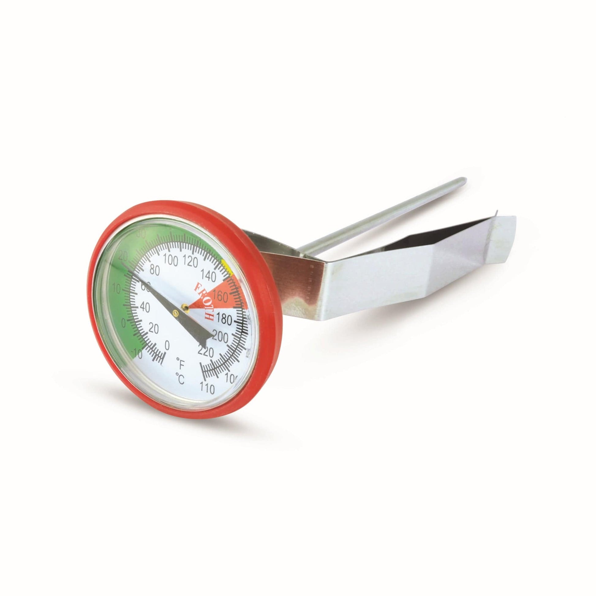 un thermomètre Thermometre.fr avec une poignée rouge sur fond blanc.