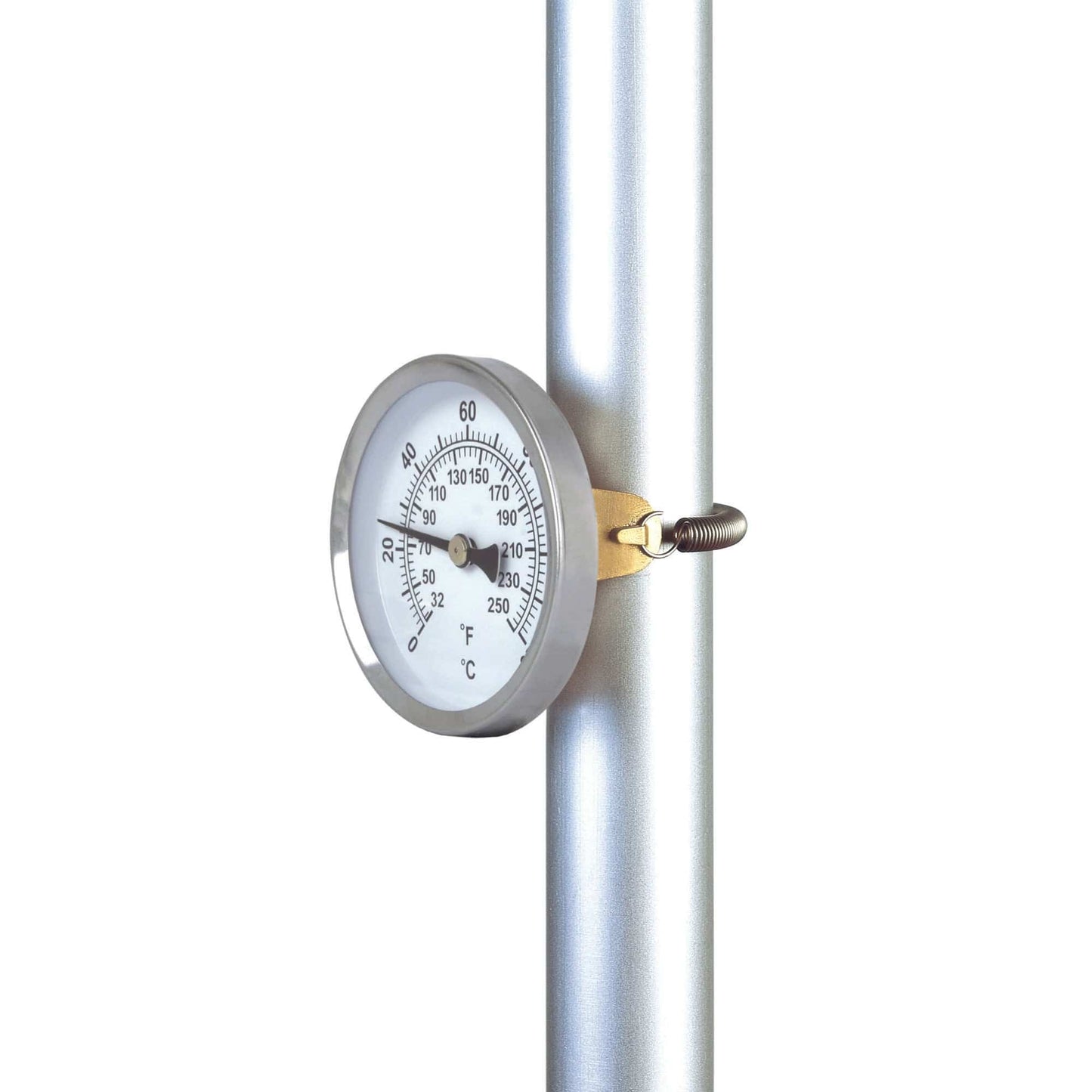 Un thermomètre Thermometre.fr est fixé à un poteau sur fond blanc.