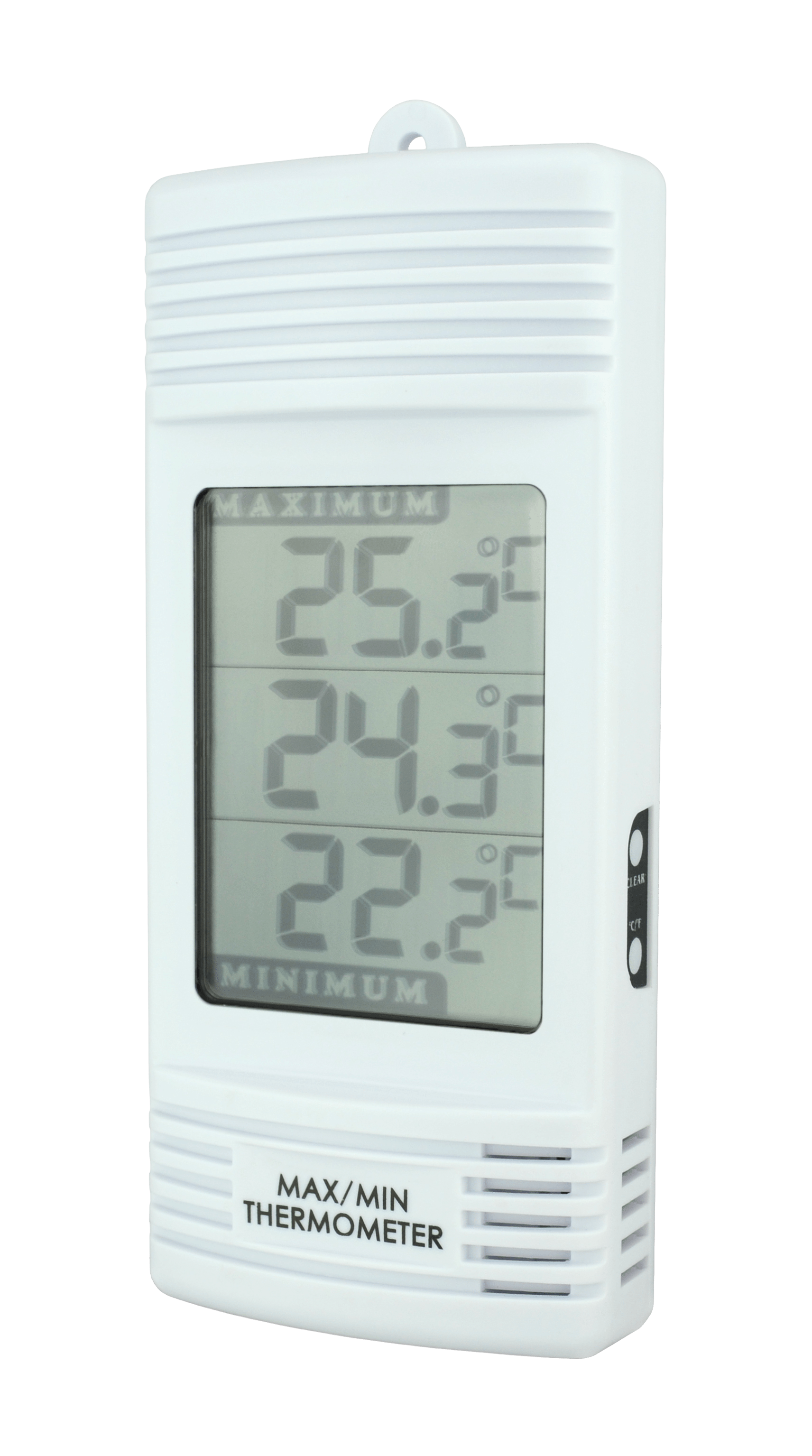 un thermomètre numérique max/min Thermometre.fr blanc avec capteur de température interne sur fond blanc.