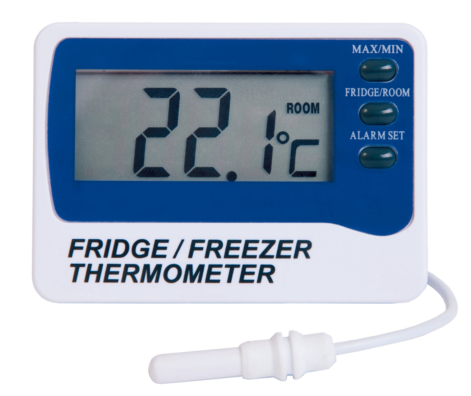 un Thermomètre numérique d'alarme Thermometer.eu pour réfrigérateur/congélateur sur fond blanc.