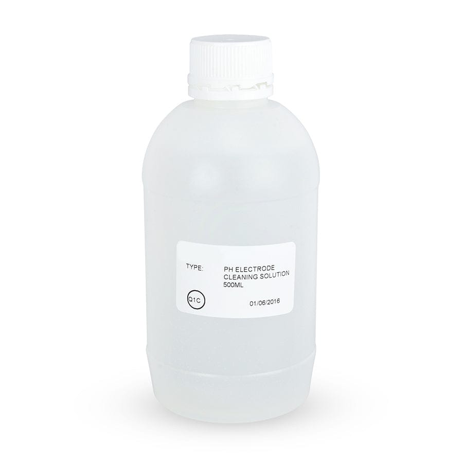 une bouteille de Solution de nettoyage d'électrode pH par Thermometre.fr sur fond blanc.