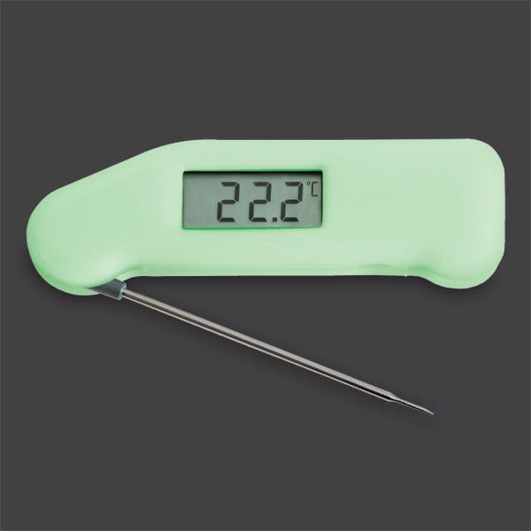 Un thermomètre numérique Thermometre.fr vert sur fond noir.