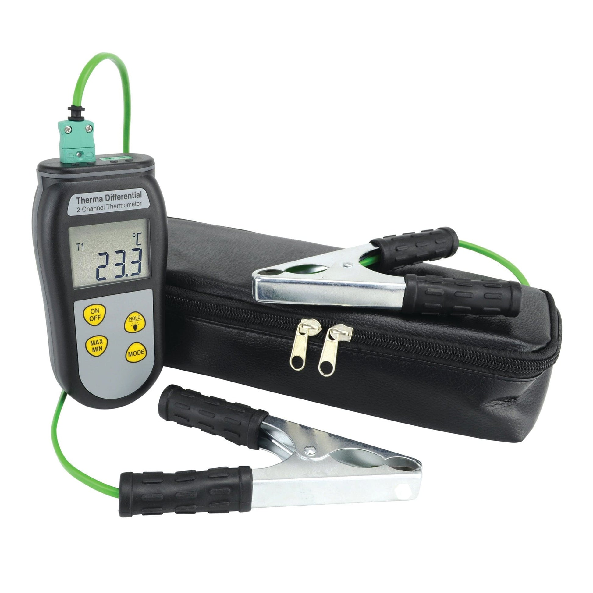 une mallette noire avec un voltmètre digital et une pince, le Kit de thermomètre HVAC économique de Thermometre.fr.