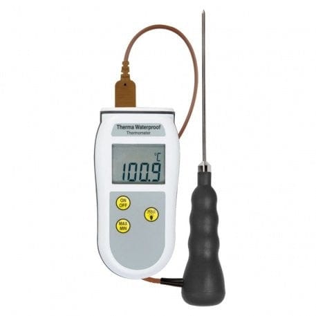 un thermomètre numérique Thermometre.fr auquel est attaché un Thermomètre Therma étanche de type T avec protection IP66/67.