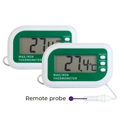 Deux Thermomètre d'alarme numérique max min avec capteurs internes et externes de Thermometre.fr sur fond blanc.
