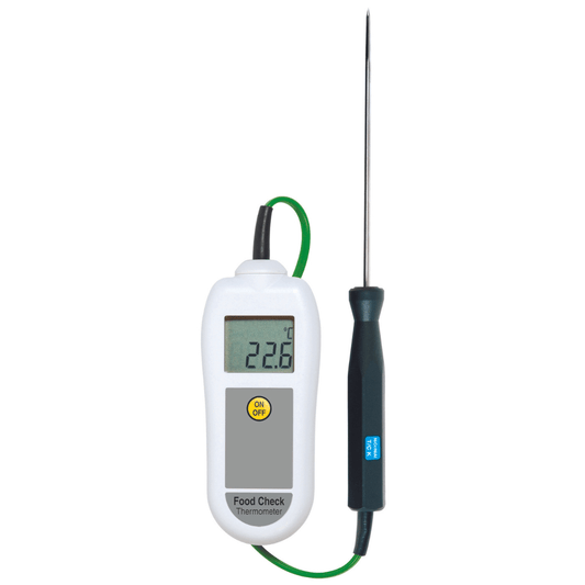 un termometro bianco e una sonda per alimenti di Thermometer.fr su sfondo bianco.