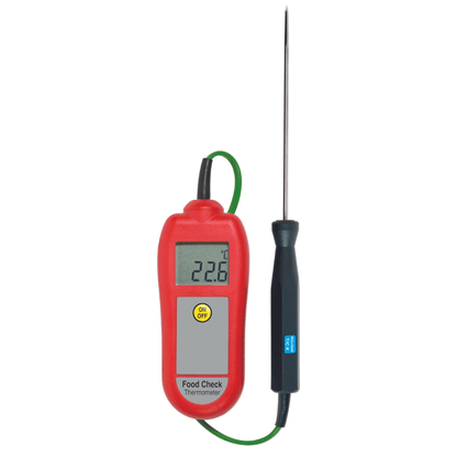 Un Thermomètre rouge et sonde pour aliments de Thermometre.fr sur fond blanc.