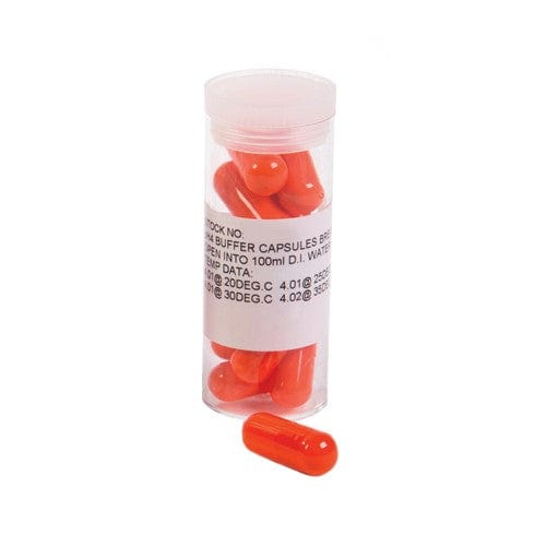 Capsules Orange de tampon pH - paquet de 10 dans un récipient transparent sur fond blanc. Nom de la marque : Thermomètre.fr