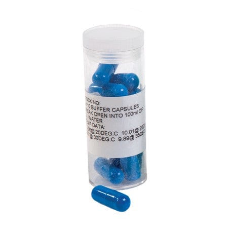 Capsules bleues de tampon pH - paquet de 10 dans un contenant transparent sur fond blanc par Thermometre.fr.