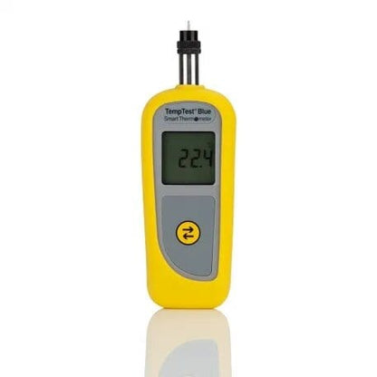 un Thermomètre bluetooth TempTest pour pneus jaune de Thermometre.fr sur fond blanc.