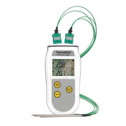 Un Thermometre.fr Enregistreur ThermaData® 4 canaux auquel sont attachés quatre sondes.