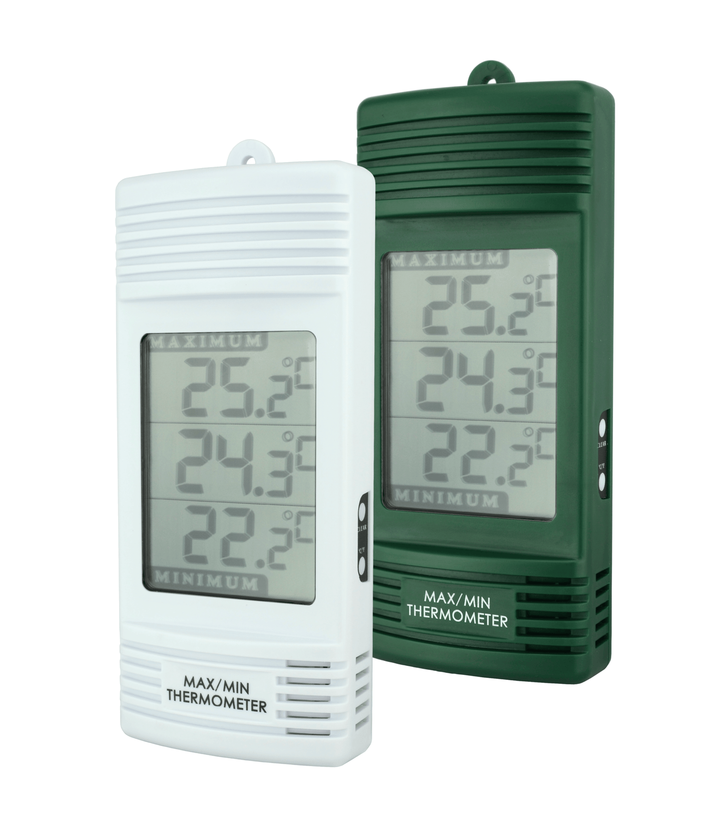 Deux Thermomètre numérique max / min avec capteur de température interne de Thermometre.fr sur fond blanc.